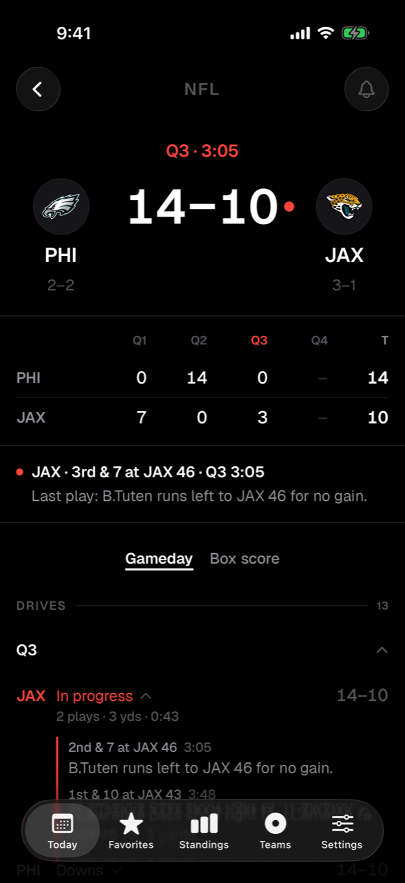 A live NFL game with the line score, the down and distance, and the drive in progress