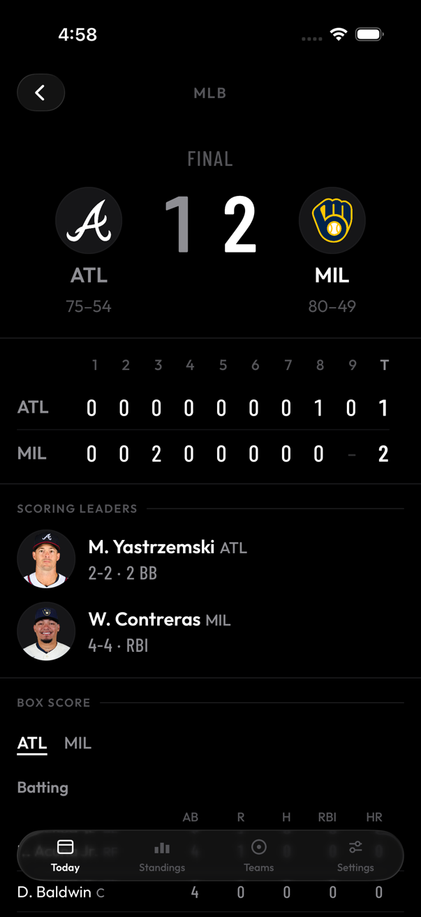 A game detail screen with the line score and box score