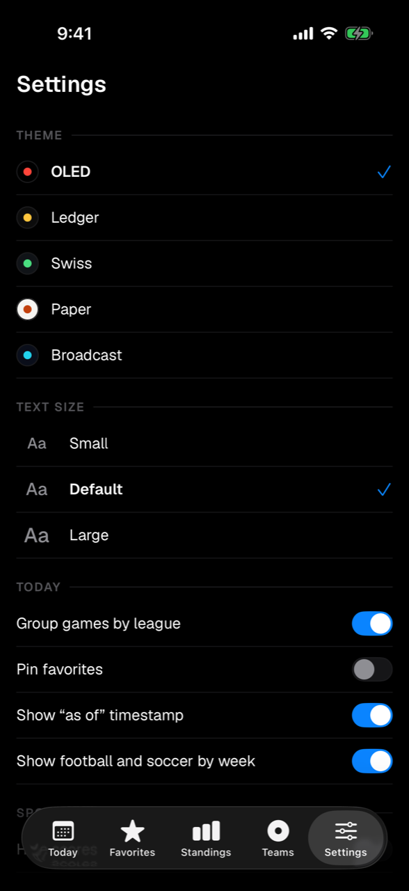 Settings with themes, text size, and the Today switches