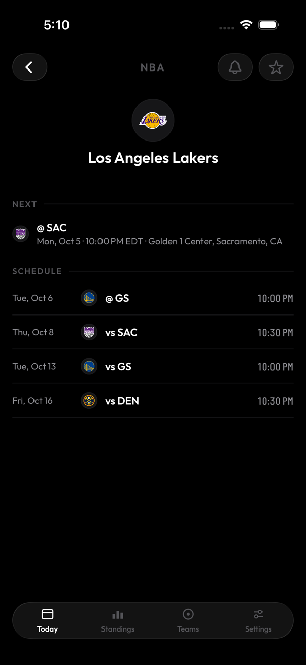 A team screen with the schedule and results