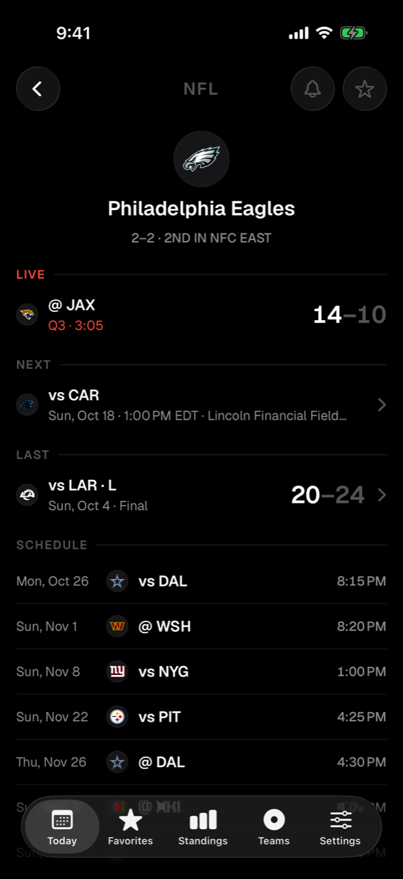 A team screen with the game on now, the record, the next and last game, and the schedule