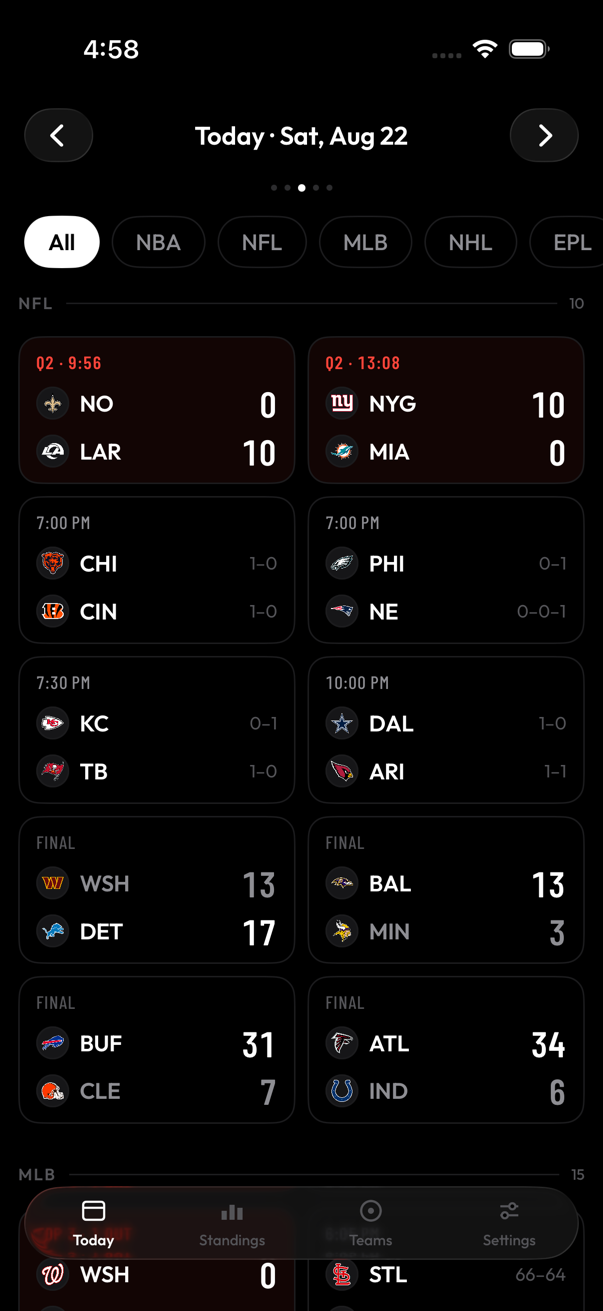 The Today screen, a list of games with live clocks and scores