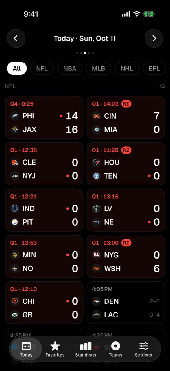 The Today screen, live NFL games with quarter clocks, scores, and red-zone badges