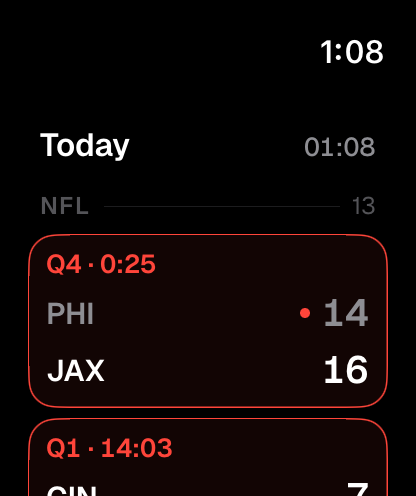 The watch app's Today list, live NFL games first